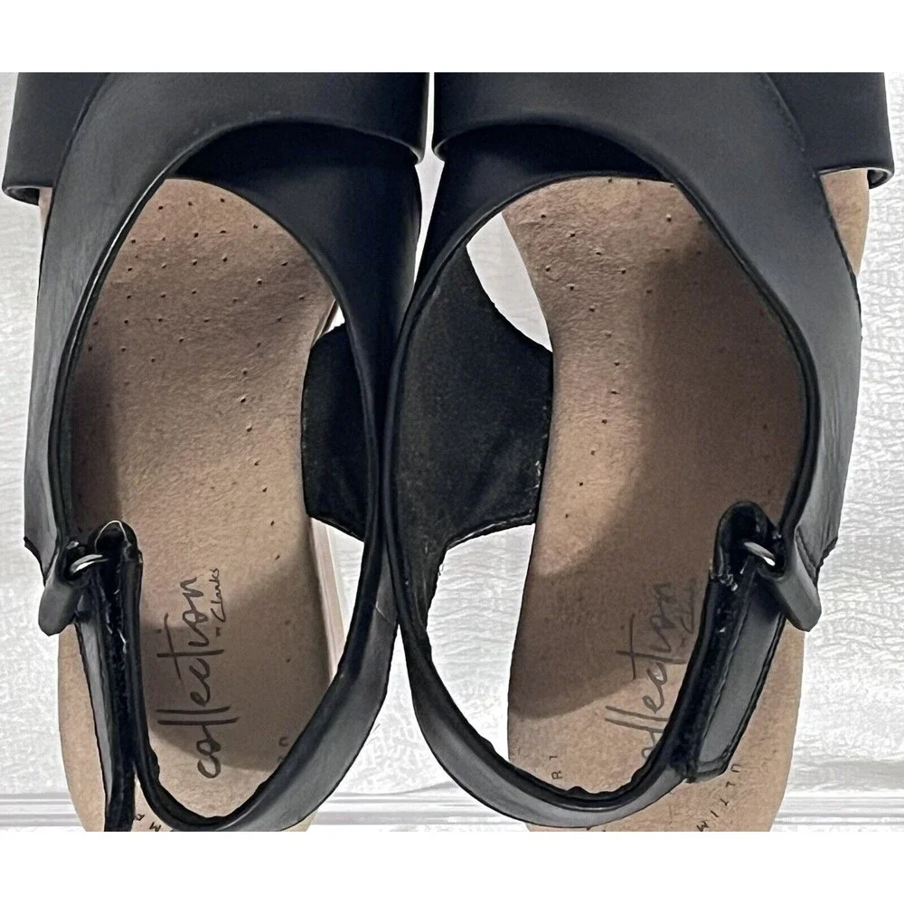 Clarks Cammy Pearl Leather Cross Strap Wedge Sandal Womens 7.5 Black Summer Boho